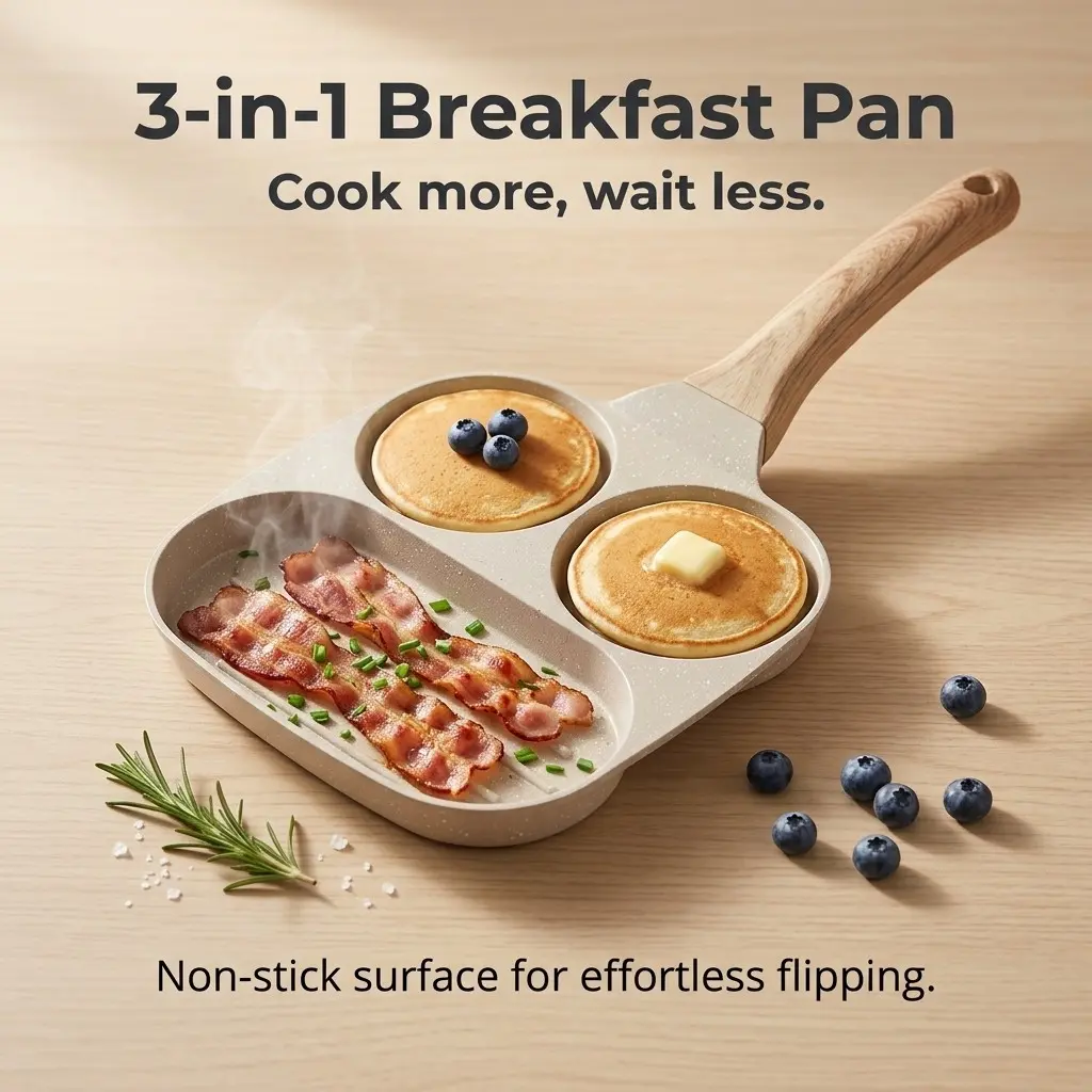 Wooden Handle Three-Hole Non-Stick Cast Iron Egg Pan, Multi-Functional Breakfast Grill, Ideal for Pancakes, Hamburgers, Steaks