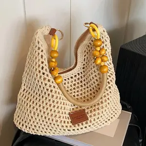 Crochet Mesh Tote Bag, Wooden Bead Handle & Adjustable Strap, Lightweight Open Weave Spacious Design, Summer Knit Purse for Beach Vacations & Daily Outings,phone,use,stylish,Pastel,weekender