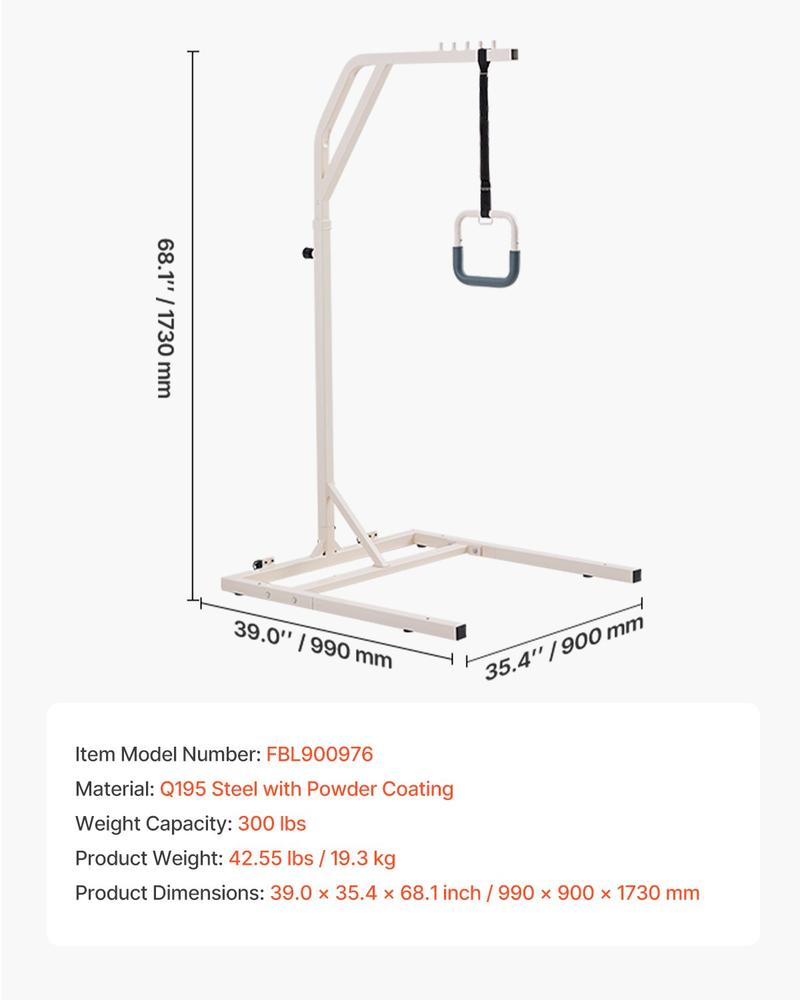 VEVOR Trapeze Bar for Bed Mobility, Height-Adjustable Free Standing Trapeze Bar with 2 Wheels, 300LBS Capacity Bed Pull Up Assist for Elderly Disabled, Ideal for Hospital, Nursing Home & Home Care