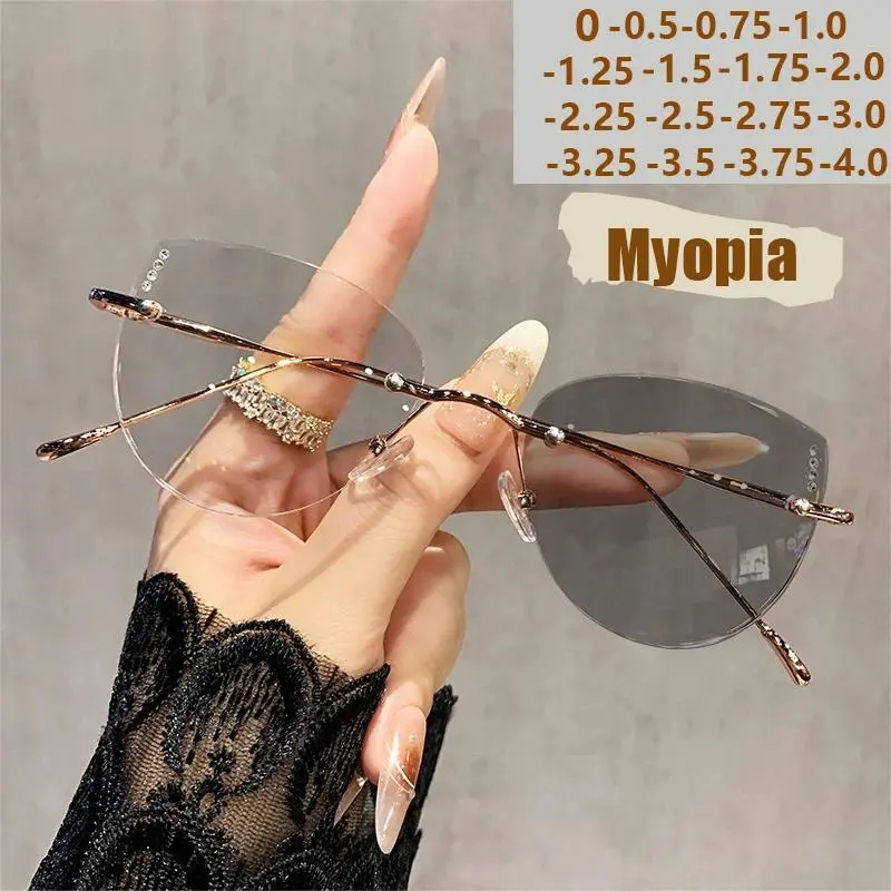 Ultralight Women's Frameless Glasses Frame Color Change Myopia Glasses Fashion Cat Glasses Frame Glasses 9923