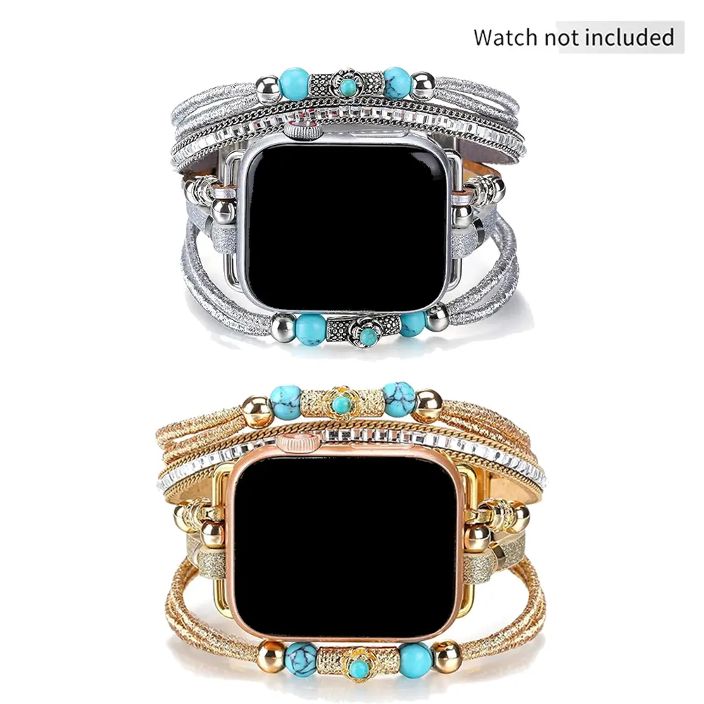 Vintage Turquoise Leather Chain 1 Pack Metal Chain Bracelet Wristband Strap Band Compatible with Smartwatch Strap Watch Band 38mm 40mm 41mm 42mm 44mm 45mm Women Men, Sparkling Rhinestones Wristband for IWatch Ultra Series SE 11 10 9 8 7 6 5 4 3 2 1