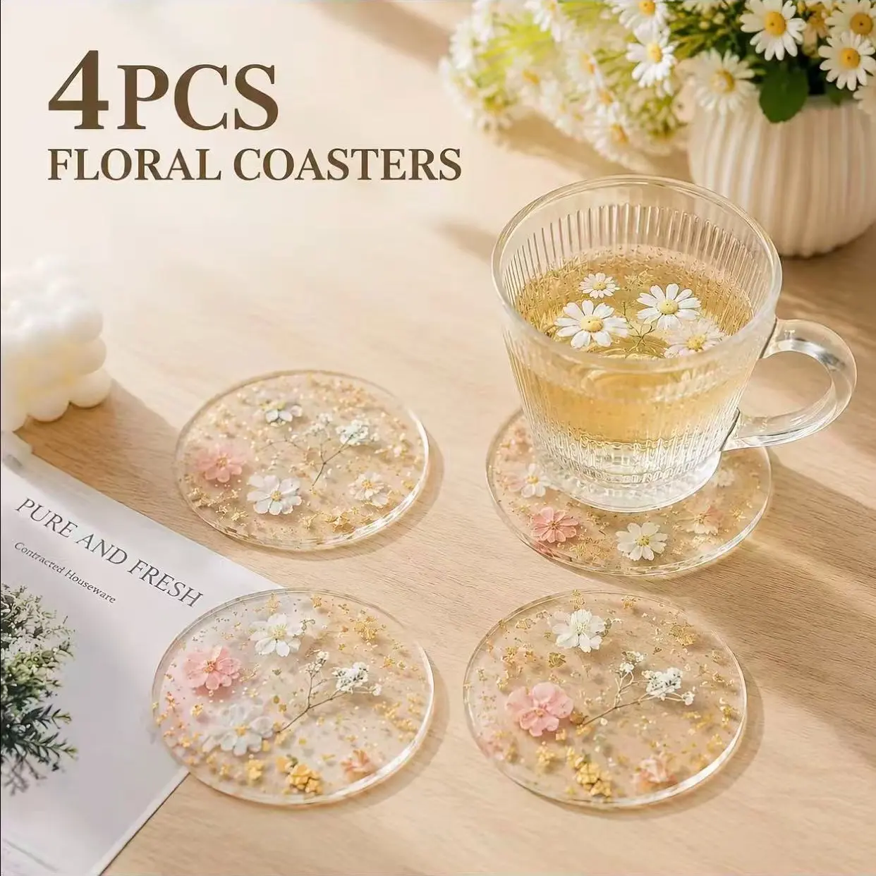 4pcs Transparent Floral Acrylic Tableware Coasters, Waterproof, Non-Slip, Heat Resistant,Home Gift, Kitchen, Office Desk, Wedding Birthday Party Decor