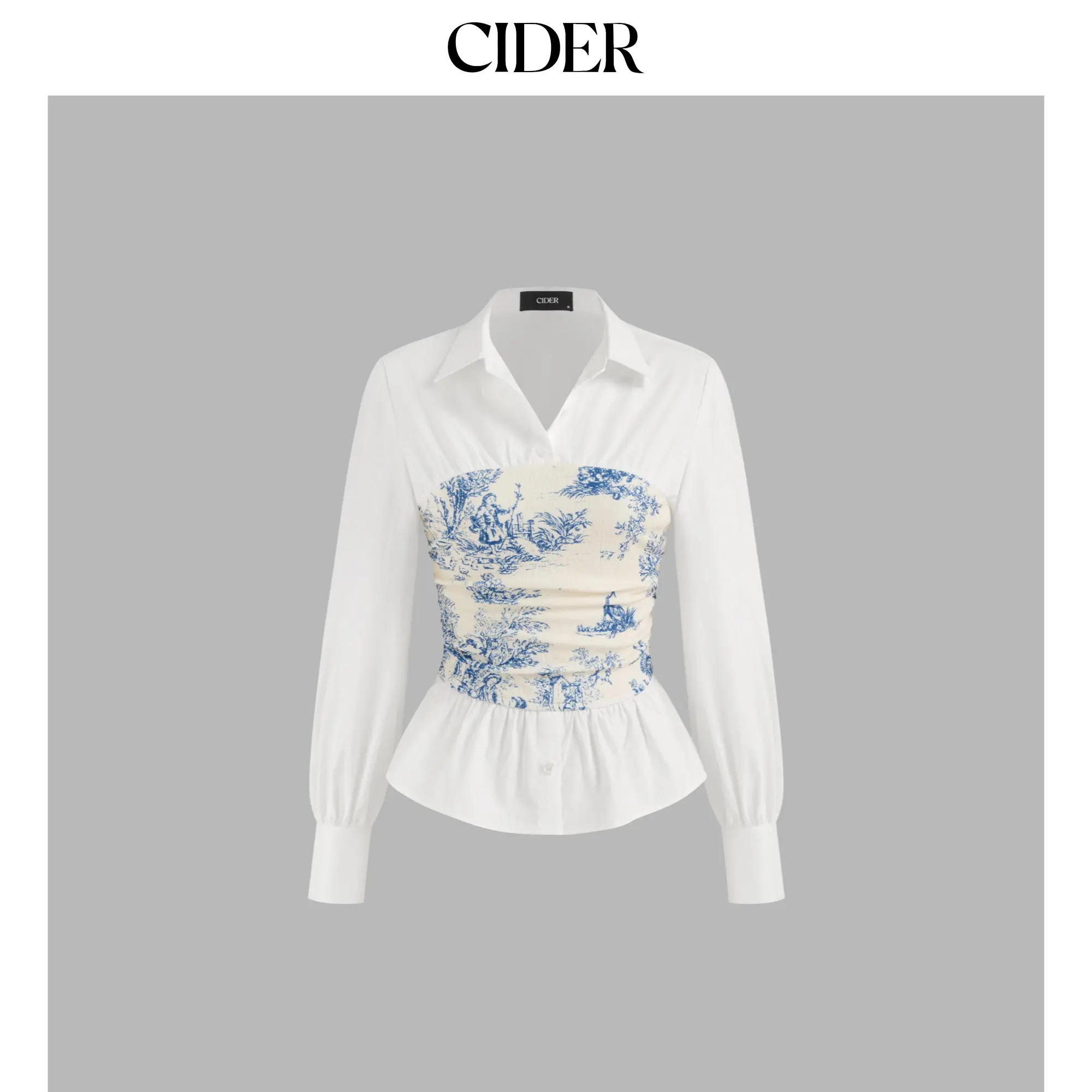 Cider [size 2-10] V-neck Toile de Jouy Ruched Long Sleeve Blouse SummerFinds
