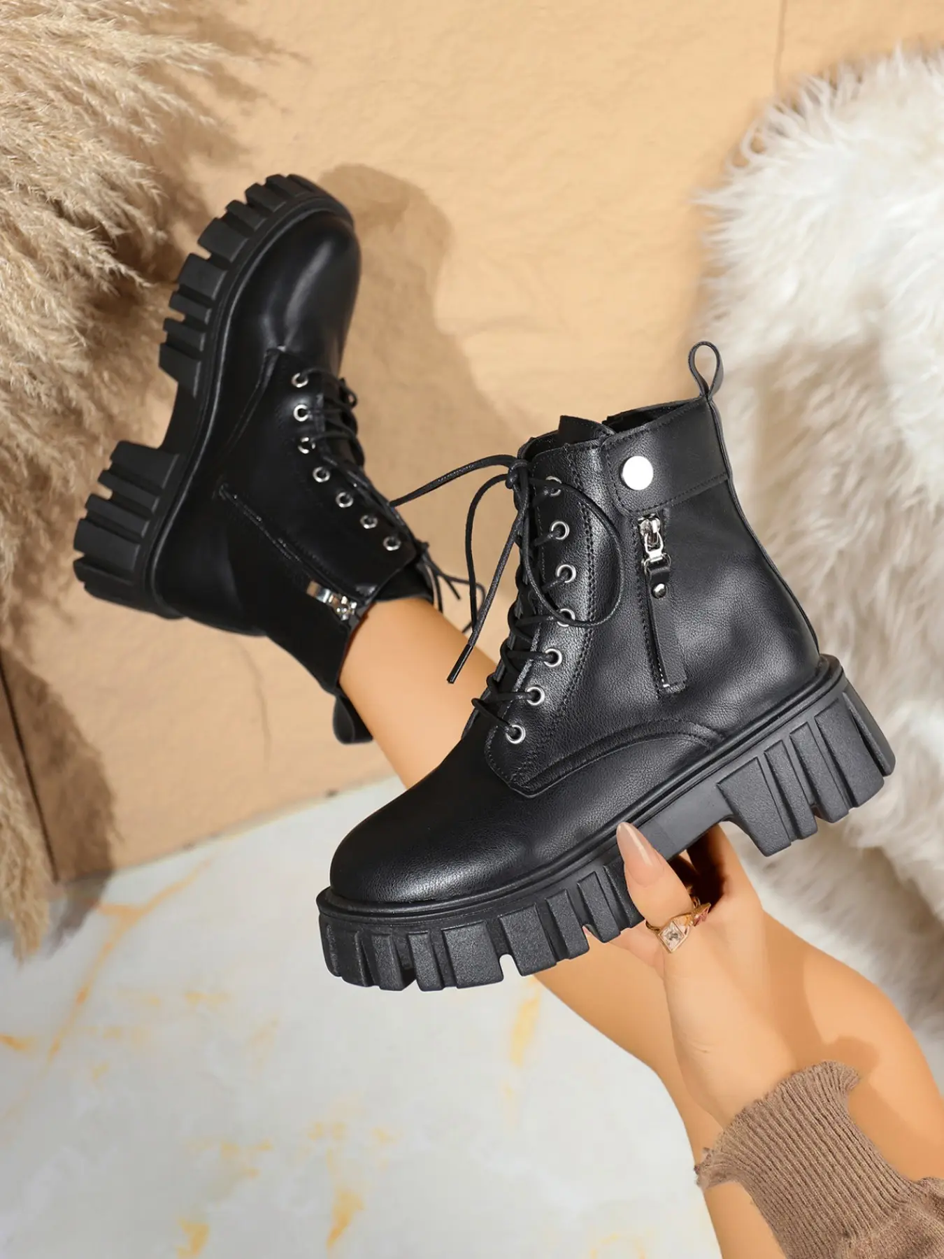 Women's Punk Style Thick Sole Short Boots, Solid Color Lace-Up Mid-Calf Boots, Anti-Slip Rubber Sole, Comfortable Side Zip Design, Fashionable