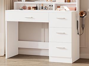 Makeup Vanity Desk with Smart LED Mirror & Charging Station 35.4" White Vanity Table Set with Cushioned Stool 4 Drawers Hairdryer Rack Modern Bedroom Dressing Table White chair light
