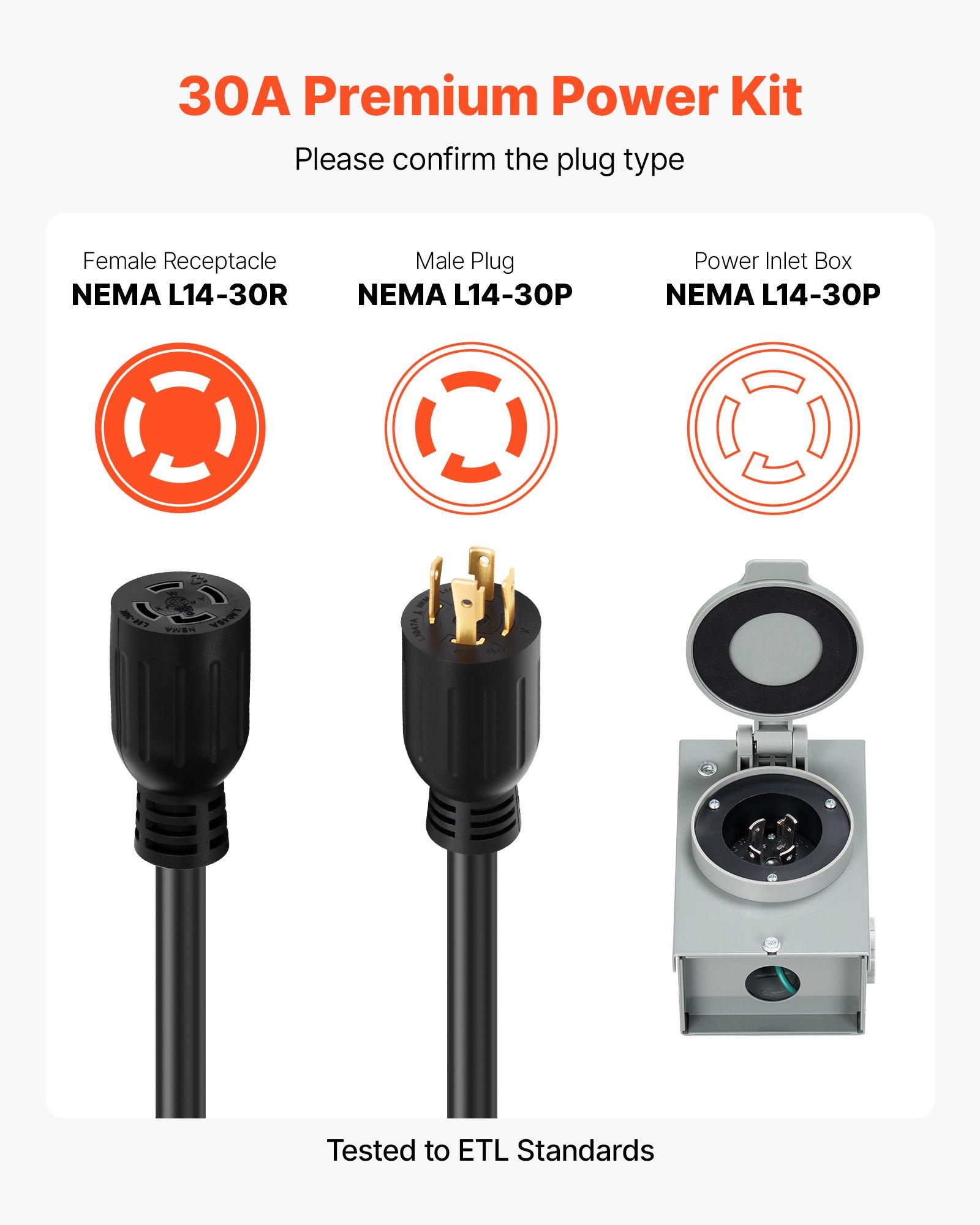 VEVOR 30 Amp Generator Cord and Power Inlet Box, 15 FT, 125/250V NEMA L14-30P to L14-30R Heavy Duty Extension Power Cord, SJTW 10 Gauge 7500W, Pre-Drilled Inlet Box, for Generator to House, ETL Listed VEVOR 30 Amp Generator Cord and Power Inlet Box, 15 FT, 125/250V NEMA L14-30P to L14-30R Heavy Duty Extension Power Cord, SJTW 10 Gauge 7500W, Pre-Drilled Inlet Box, for Generator to House, ETL Listed