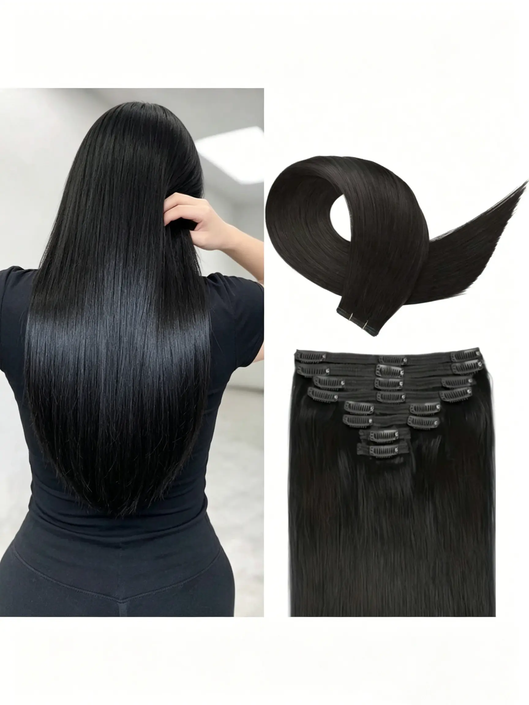 8Pcs Per Set Silky Straight Clip In Human Hair Extensions & Pieces, Authentic Brazilian Remy Real Human Hair Invisible Seamless Hairstyle Accessory, #1B Natural Black Double Weft Straight Clip Ins Natural Looking Hairpiece For Women