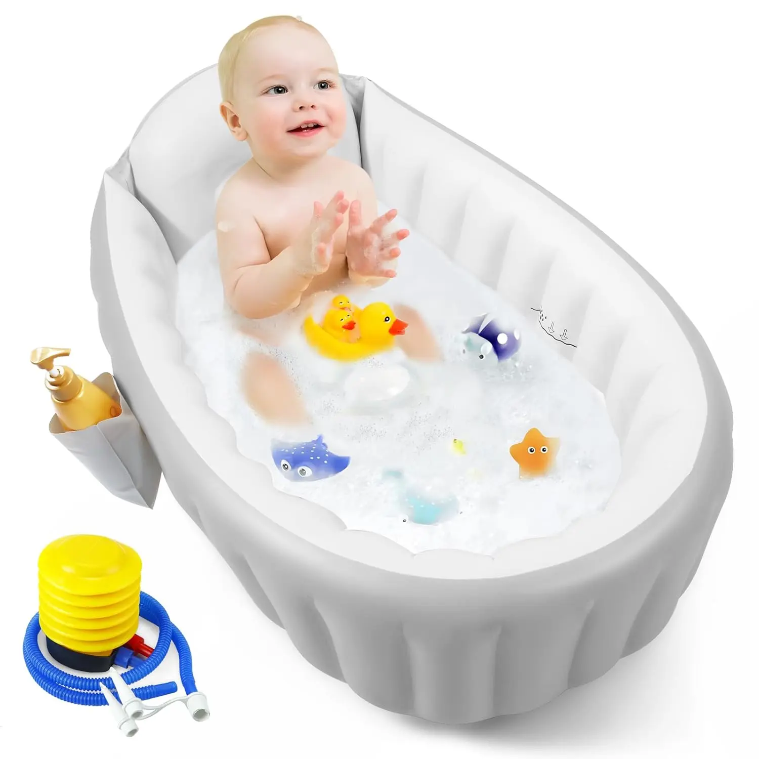 Inflatable Baby Bathtub with Air Pump, Non-Slip Soft Cushion Bathing Tub  Toddlers & Infants (0-36 Months), Collapsible Travel-Friendly Blow Up Pool with Side Pocket & Backrest (Gray)