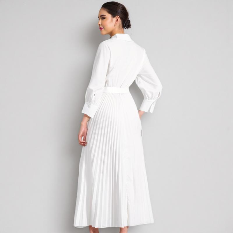 Elegant White Pleated Dress V Neck Long Sleeve A Line Church Formal Works  Business Dresses with