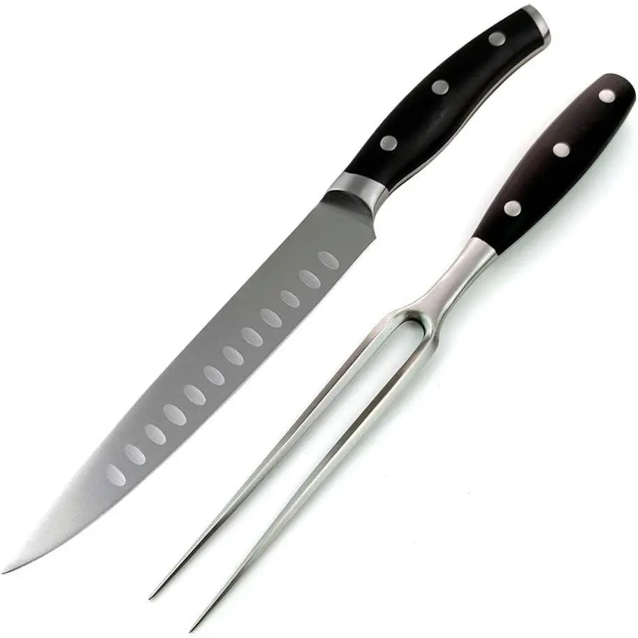 Carving Knife and Fork Set - with 8" Carving Knife &8" Straight Metal Fork Triple-Rivet German Steel Forged Kitchen Carving Set, Professional Meat Carving Knife Gourmet BBQ Tool Set