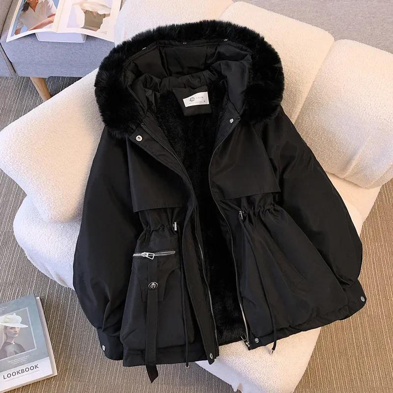 Fleece Lined Hood Down Jacket Winter Coat for Women Warm Drawstring Padded Parkas Korean Casual Streetwear Female Puffer Outwear Womenswear Asian Can be used with raincoat