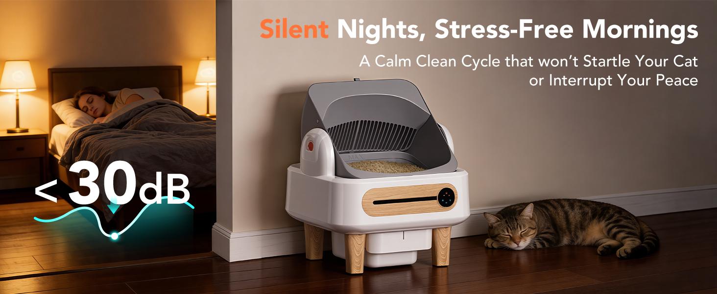 Automatic Cat Litter Box Self Cleaning, Robot Litter Box for Multiple Large Cats, Open Top Auto App Control Ultra-Quiet, Durable, Keep Home Freshness, Wood Grain