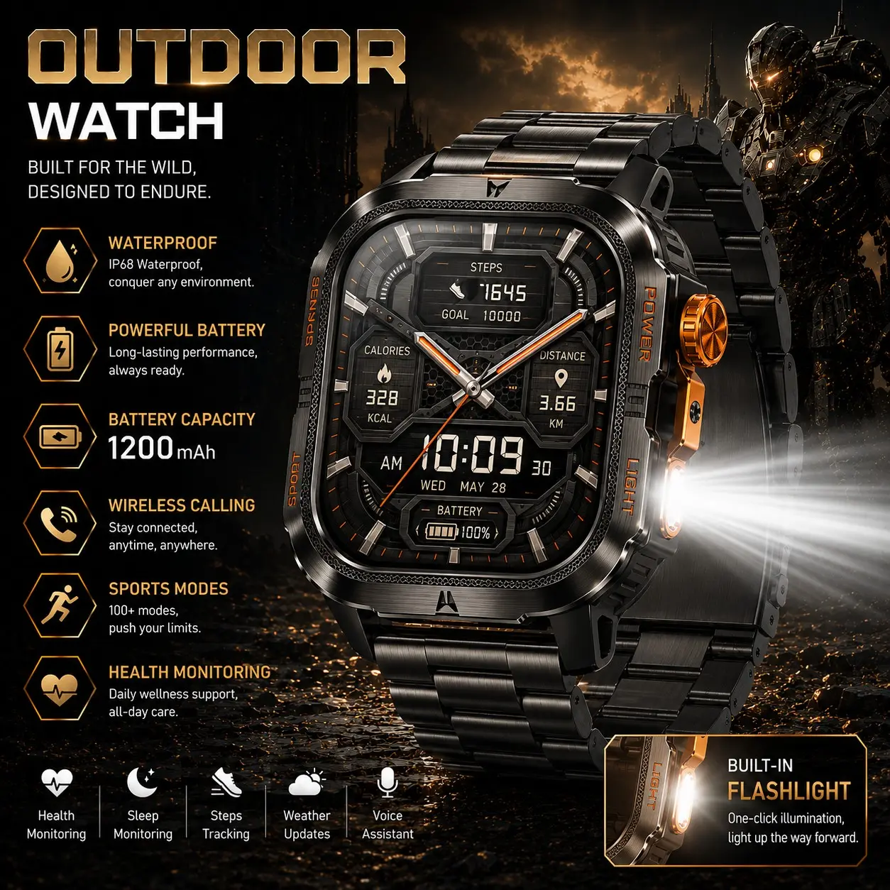 RollsTimi 2026 new 1200mAh men's outdoor sports smart watch, mecha style design, LED flashlight, wireless call, voice assistant, health and fitness tracking, IP68 waterproof, 100+ sports mode, suitable for iPhone and Android, a gift for outdoor adventure