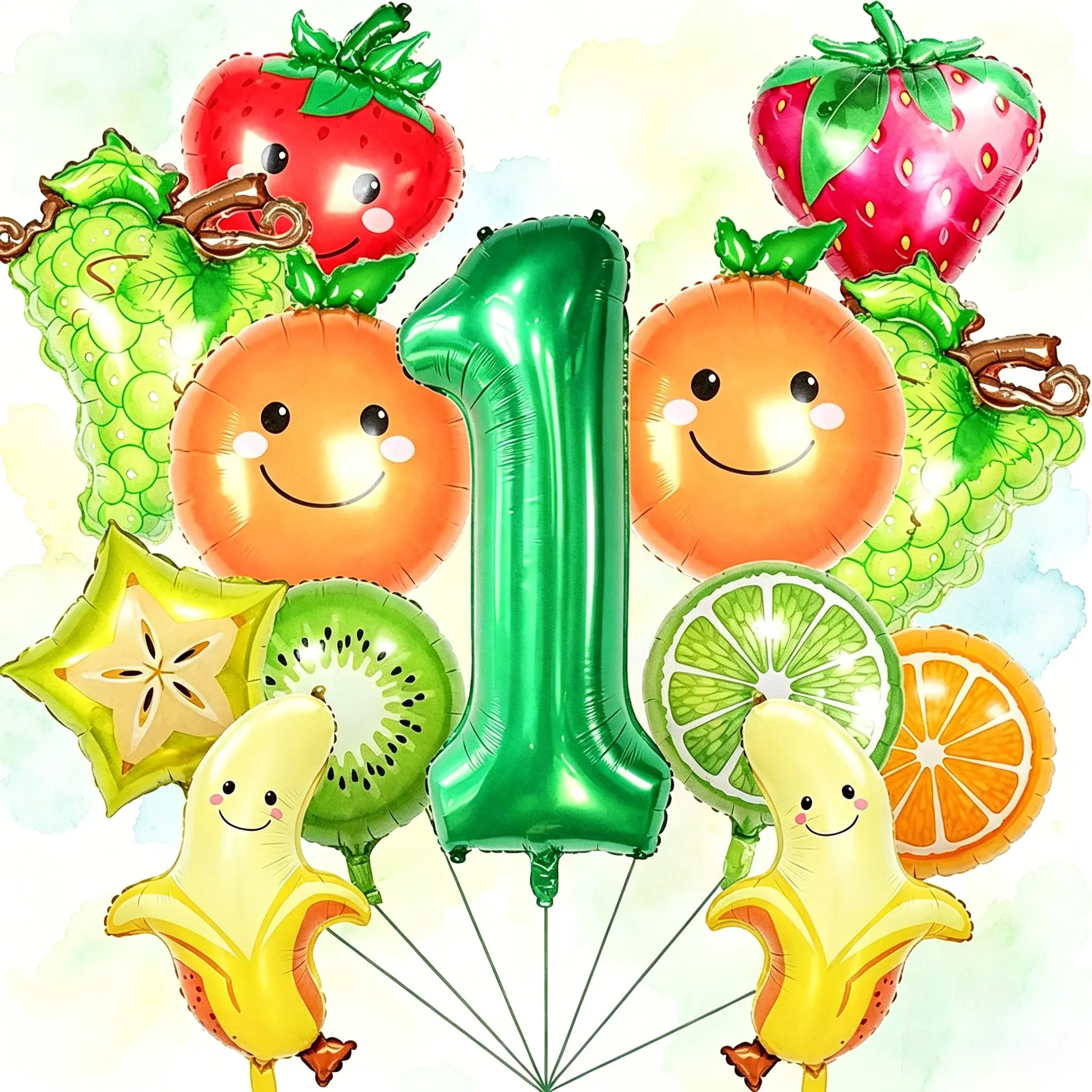 15-Piece Fruit Theme Number Balloons Set, Balloon Decorations Kit, 32-Inch Numbers, Cartoon Fruit Balloons, Foil Balloons, Suitable for birthday decorations, summer fruit parties, fruit store opening/anniversary decorations