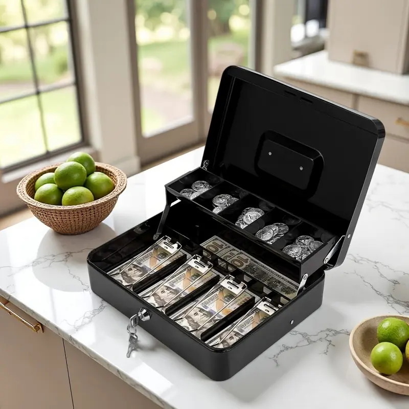 Cash register box, Safe storage, ticket holder box with cash cabinet and key lock, featuring key lock, heavy-duty metal cash safe with lock and coin tray, large password lock box, suitable for store mechan