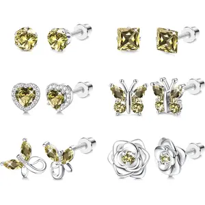 Hypoallergenic Screw Back Earrings for Girls Women Surgical Stainless Steel Stud Earrings for Sensitive Ears Cute Butterfly Flower Heart CZ Earring