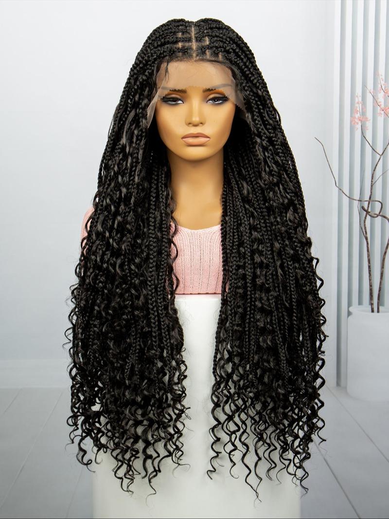 33 Inch Black Full Lace Front Box Braided Wig with Curly Hair Distressed Knotless Braided Wigs for Women, Synthetic Braided Lace Wigs for Party, Daily Use, Wigs That Look Like Real Hair, Kinky Curly Wigs