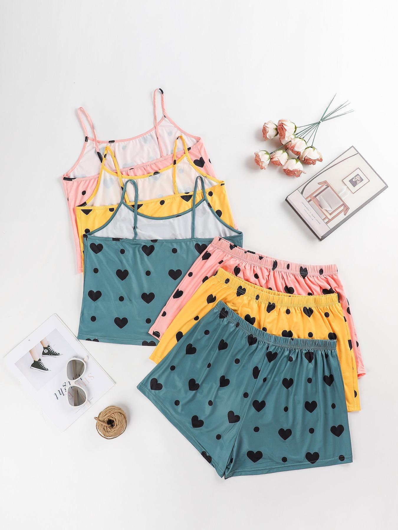 Plus Size Heart Print Elastic Waist Pyjama Set, Casual Sleeveless Spaghetti Strap Cami Top & Shorts PJ Set, Women's Sleepwear for All Seasons