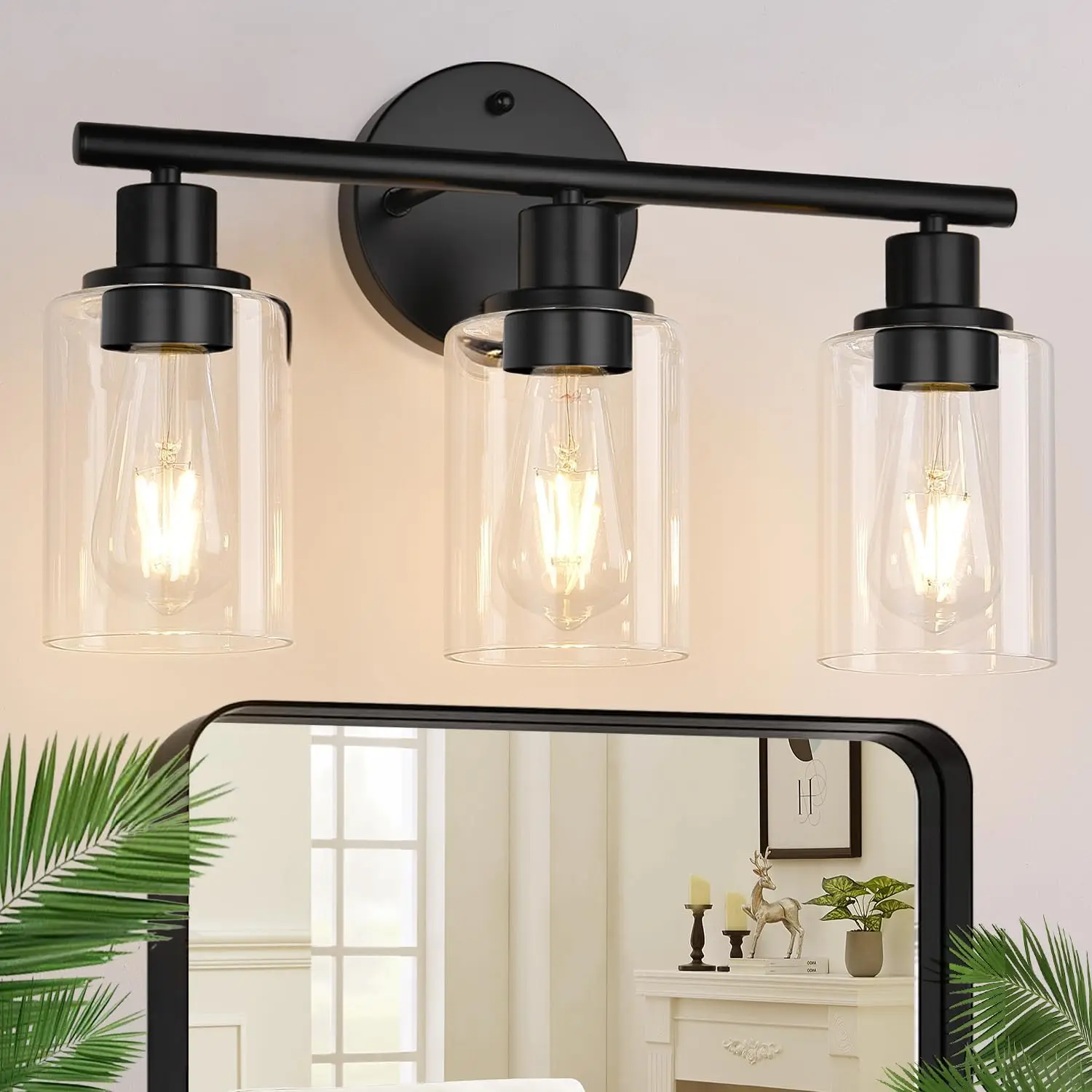3-Light Bathroom Light Fixtures, 17.23" Black Modern Vanity Lights with Clear Glass Shade, Bathroom Wall Lamp for Mirror Kitchen Living Room Hallway Cabinet Porch