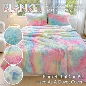 2-in-1 Convertible Rainbow Tie-Dye Blanket & Duvet Cover, Soft Plush Fuzzy Throw Blanket, Reversible Faux Fur Bed Cover for Bedroom, No Pillowcases Included