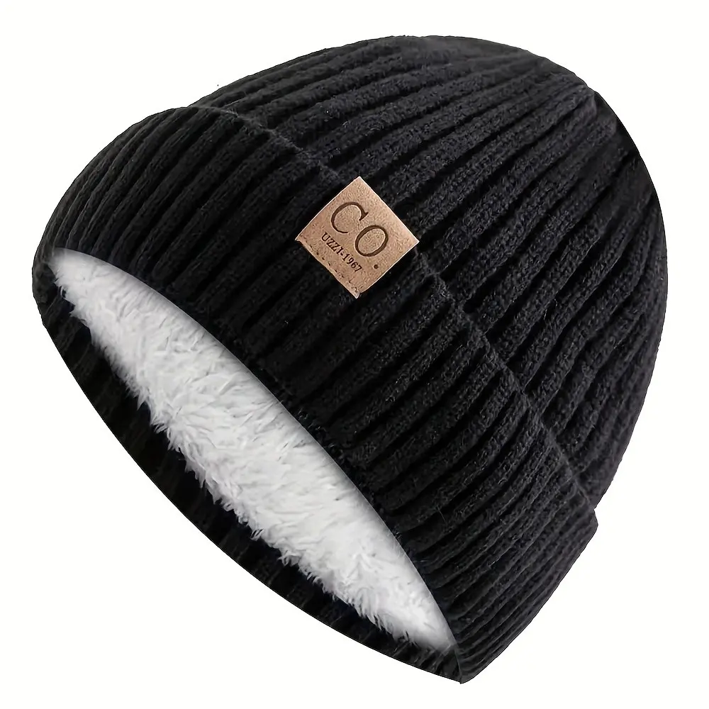 Fleece Lined Beanie for Men Women Thick Warm Ribbed Knit Winter Hat Sherpa Lined Cuffed Skull Cap with Leather Patch Cold Weather