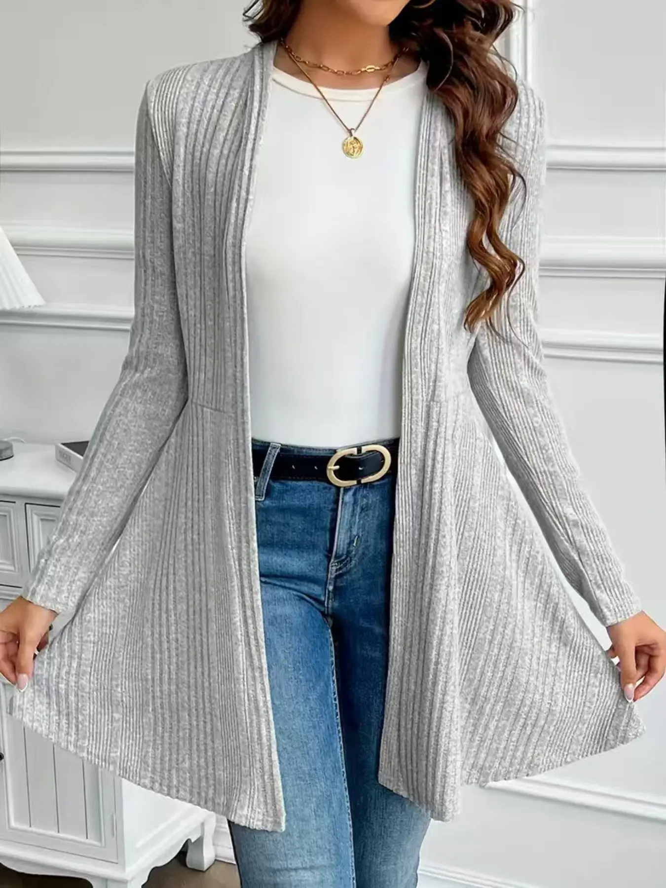 Women's Buttonless Open Front Medium-Length Cardigan, Casual Long Sleeve Loose Knit Coat, Lightweight Sweater Outerwear