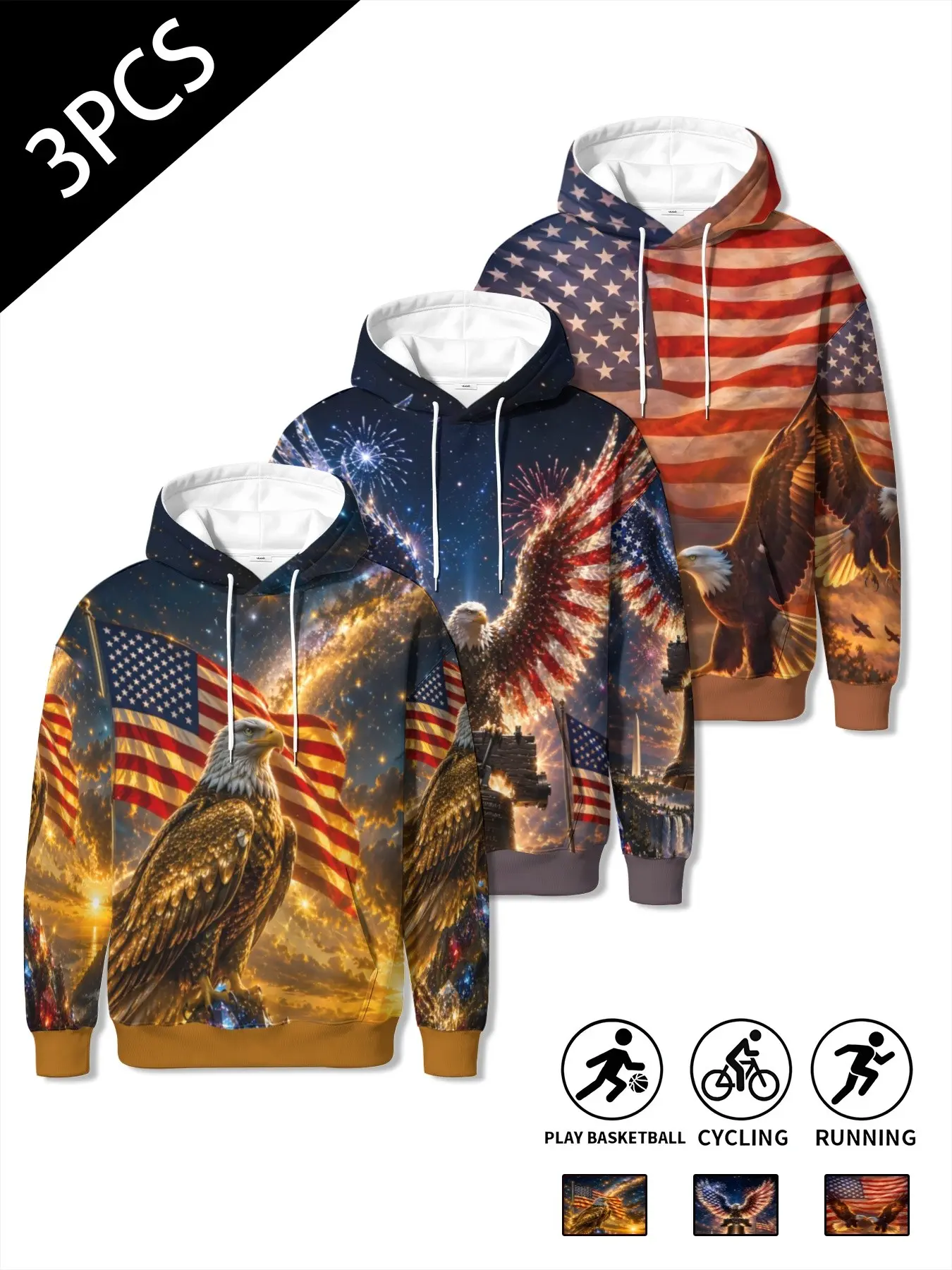 3-Pack Vintage American Flag Hoodies for Men, Digital Print Eagle Design, Casual Long Sleeve Fitted Hoodies, All-Season Wear