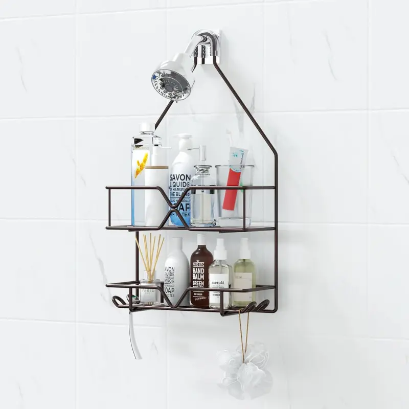 Bronze Over Shower Head Hanging Shower Caddy Organizer with 4 Extra Hooks, Rustproof Bathroom Storage Rack, Large Capacity Shampoo Body Wash Holder, No Drill Hanging Shelf for Shower Bottles Sponge Razor, Space Saving Bathroom Shower Accessory for Tub Sho