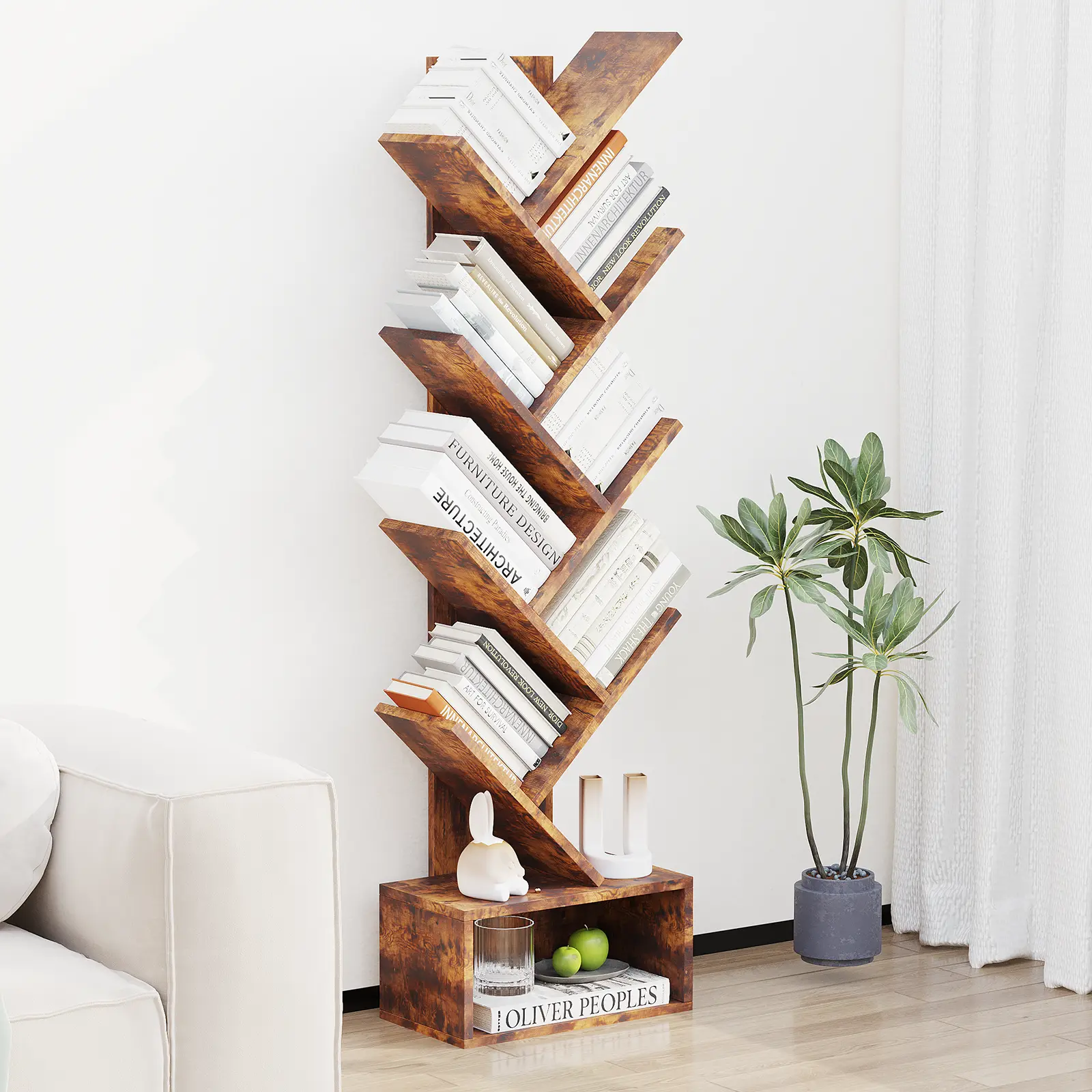 8-Tier Tree Bookshelf – Narrow Corner Wood Bookcase with Open Drawer, Tiger Wood Grain Finish, Anti-Tip Anchor Included
