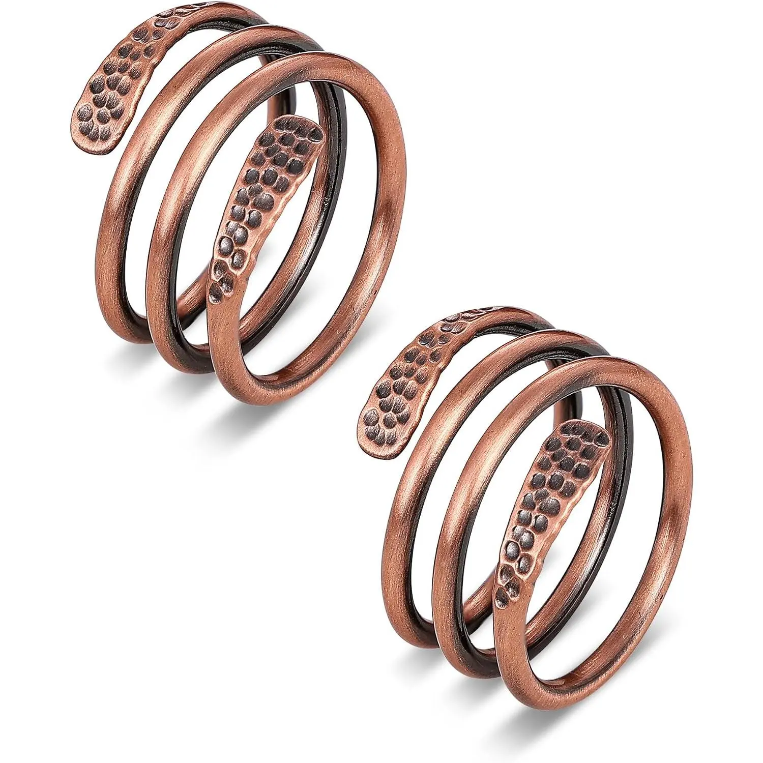 Pure Copper Rings for Women-2Pcs Non--Open Spiral Wrap | 99.9% Pure Copper, Adjustable Fit, Hammered & Plain Texture, Lightweight, Everyday , Anniversary,