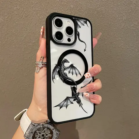 Magnetic Silicone Phone Case for iPhone 11-17 Pro Max, Girly Chic Aesthetic Dark Dragon Sketch Design, MagSafe-Compatible, Lightweight, Anti-Fall Resistance Phone Accessories, Protective Cellphone Casing