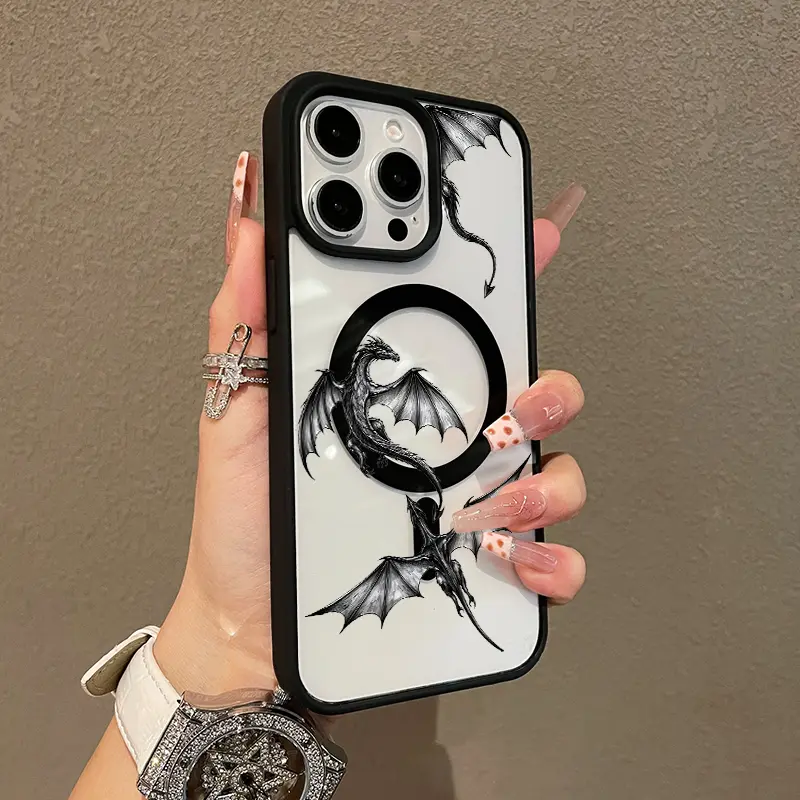 Adorable Magnetic Case for iPhone11/12/13/14/15/16/17/promax Dark Dragon Sketch MagSafe Compatible, Lightweight, Anti-Fall | Girly & Chic Style