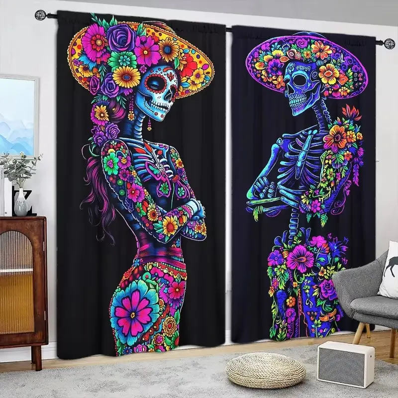2 Piece Polyester 2D Character Theme Curtains, Neon Flower Skull Pattern Rod Pocket Drapes, Window Curtain Panels, Bedroom and Living Room Decor