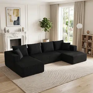 132 Inch Modular Sectional Sofa, U-Shaped Corduroy Sofa Couch with Double Chaise, Oversized Deep Seat Cloud Couch for Living Room, Apartment, Black