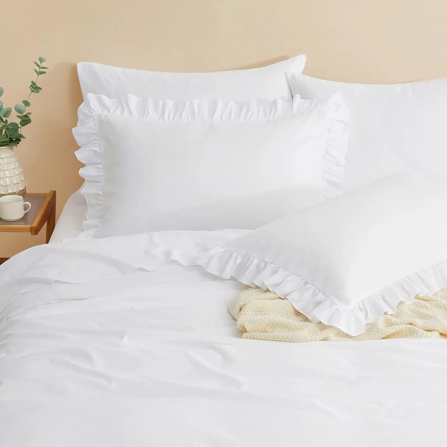 White Ruffle Sheets Full Size 6 count, Fits 16" Deep Mattress, Microfiber White Full Sheets with 2 Ruffled Pillowcases, Shabby Chic Bed Sheet Set