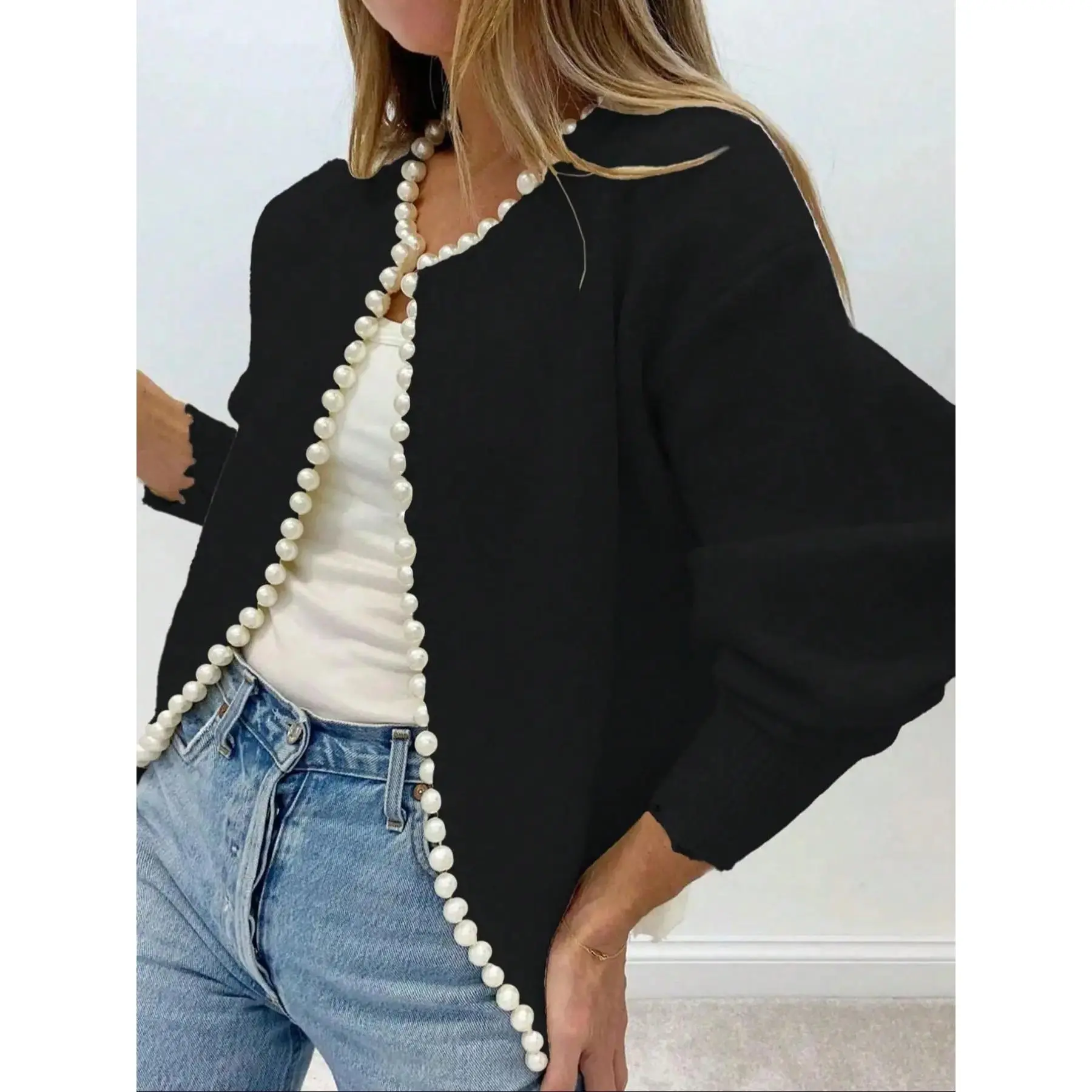 Women's Pearl Trim Open Front Knitting Cardigan, Elegant Fitted Long Sleeve Black Sweater, Ladies Chic Knitwear Top for Fall & Winter, Jackets for Women