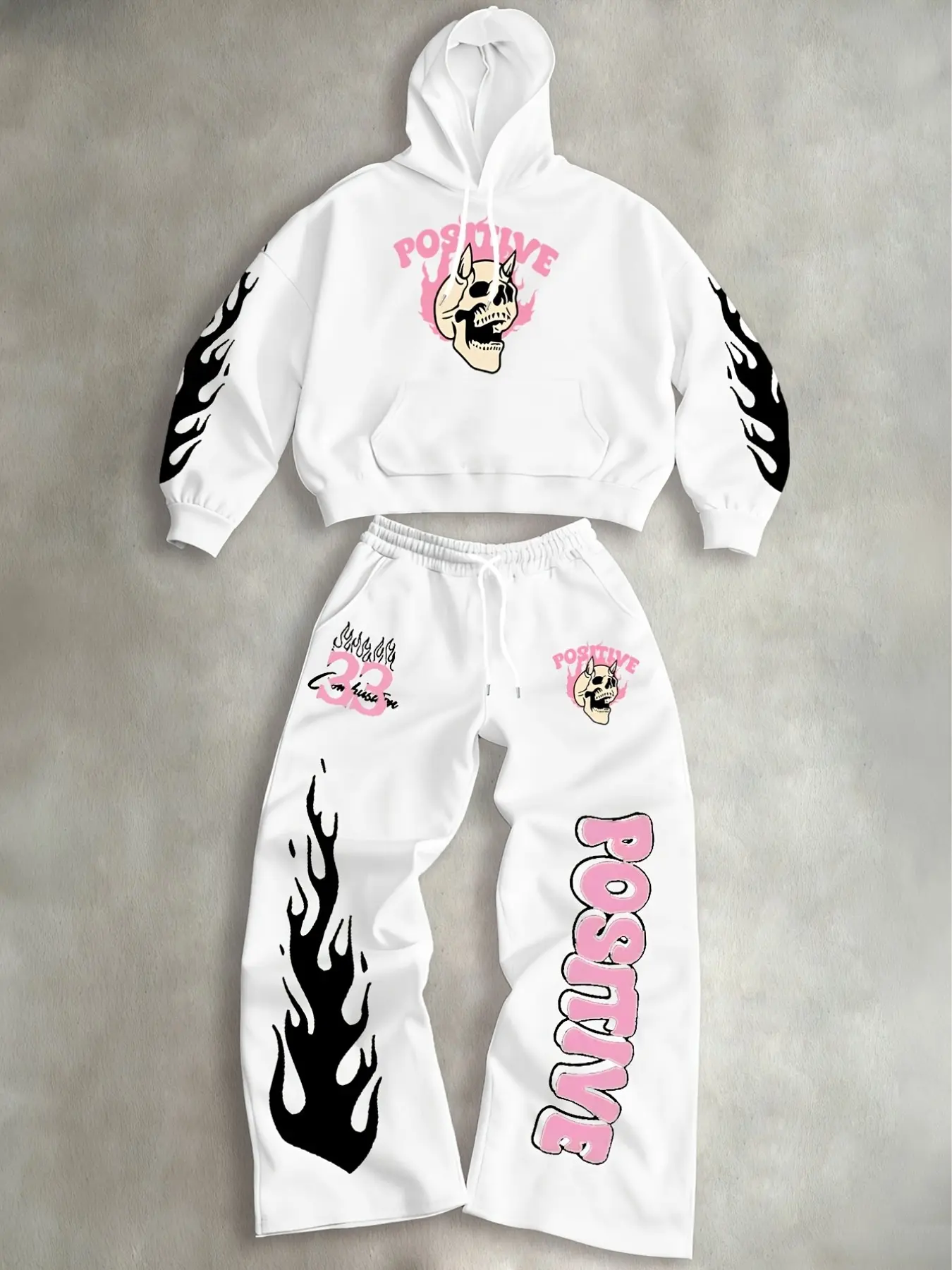 Men Graphic Matching Hoodie Pants Set Gothic Grunge Cropped Hooded Sweatshirt With Kangaroo Pocket, Flame & Skull Graffiti Print Loose Wide Leg Sweatpants, Drawstring Casual Tracksuit For Autumn Daily Hangout Hip Hop Fashion Outfit