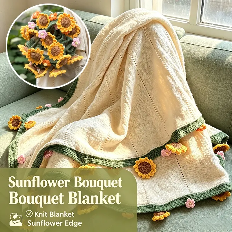 Portable Foldable Sunflower Bouquet Knit Blanket, Hand Crocheted Floral Border Round Throw, Comfort Light Knitted Cover for Indoor Relax, Car Ride Travel & Decor Photo Prop