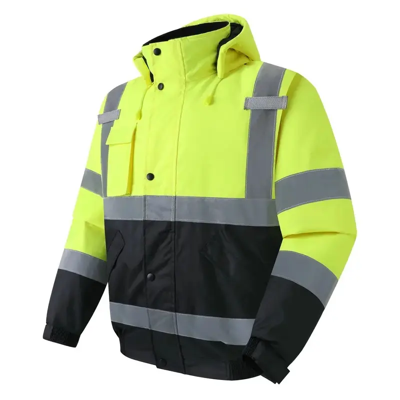 y2k fall reflective jackets for men waterproof hi vis yellow work construction coats with pockets black bottom cold weather sleek trendy safety jackets for outdoor working