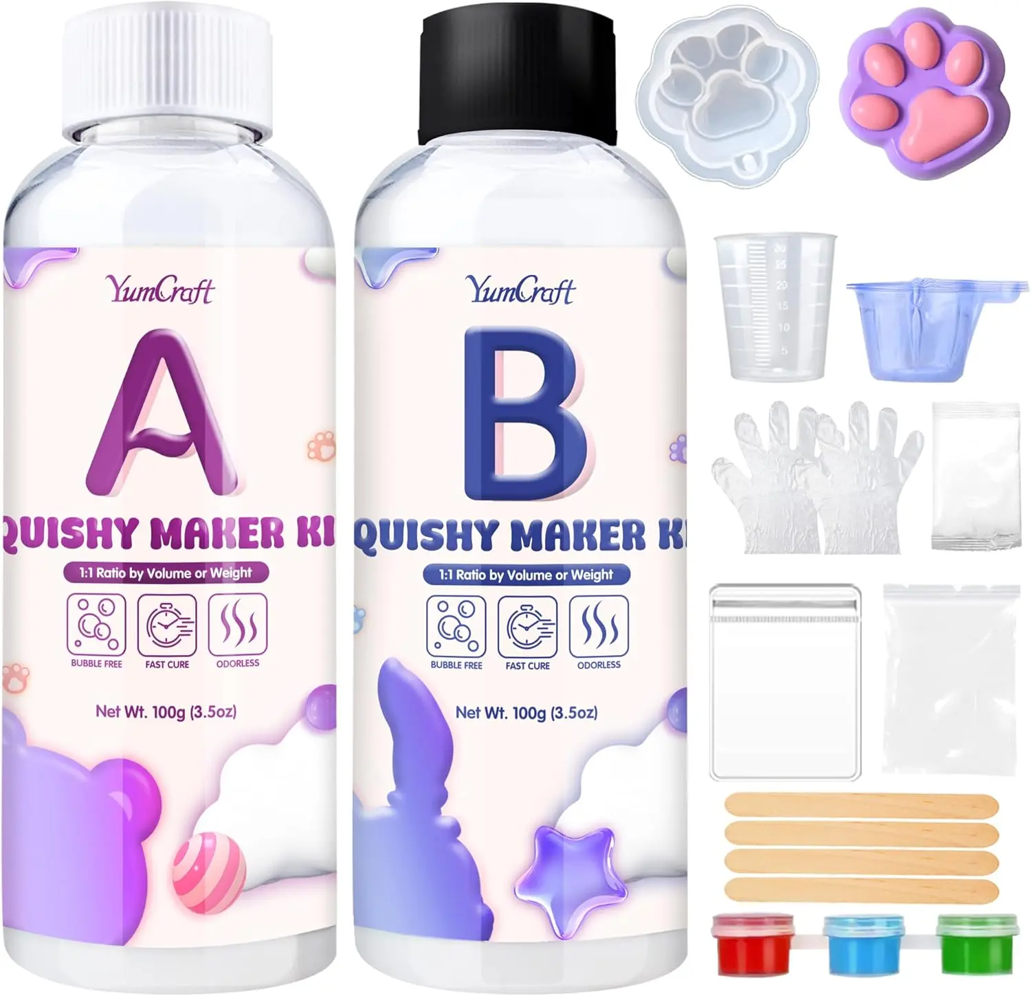 Yumcraft Liquid Silicone Taba Squishy Kit, 7oz (6.0 to 7.9 fl. oz.) 1:1 AB Ratio Fast Cure Bubble Free Rubber, DIY Maker with Cat's Paw Mold & Flocking Powder, Stress Reliever Gift
