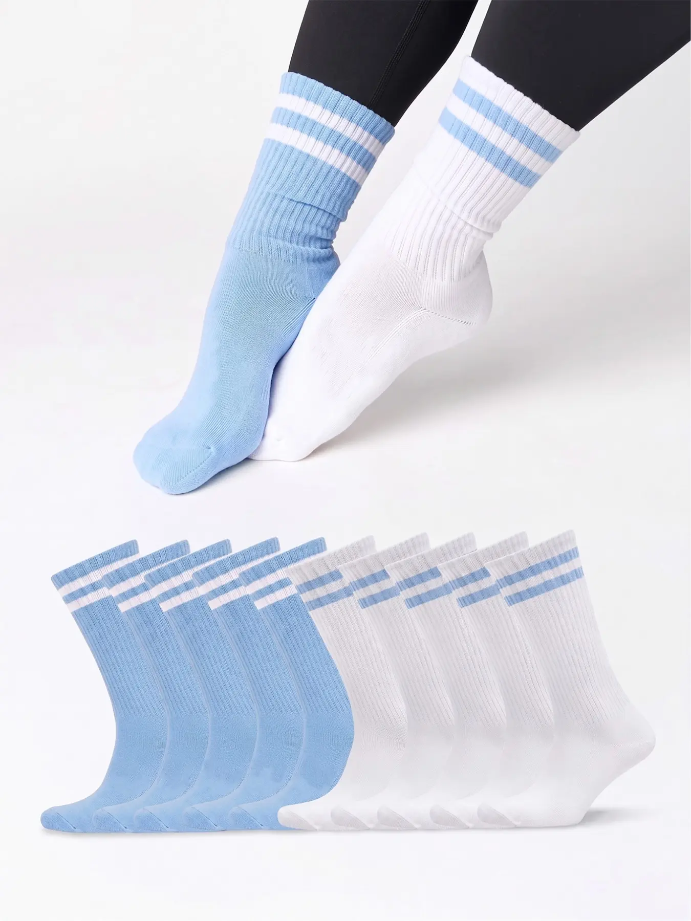 10 Pairs Women's Blue Striped Mid-Calf Socks, Perfect for Daily Wear, Outdoor Activities, Dressing with Loafers and Sports Shoes, Ideal Gift