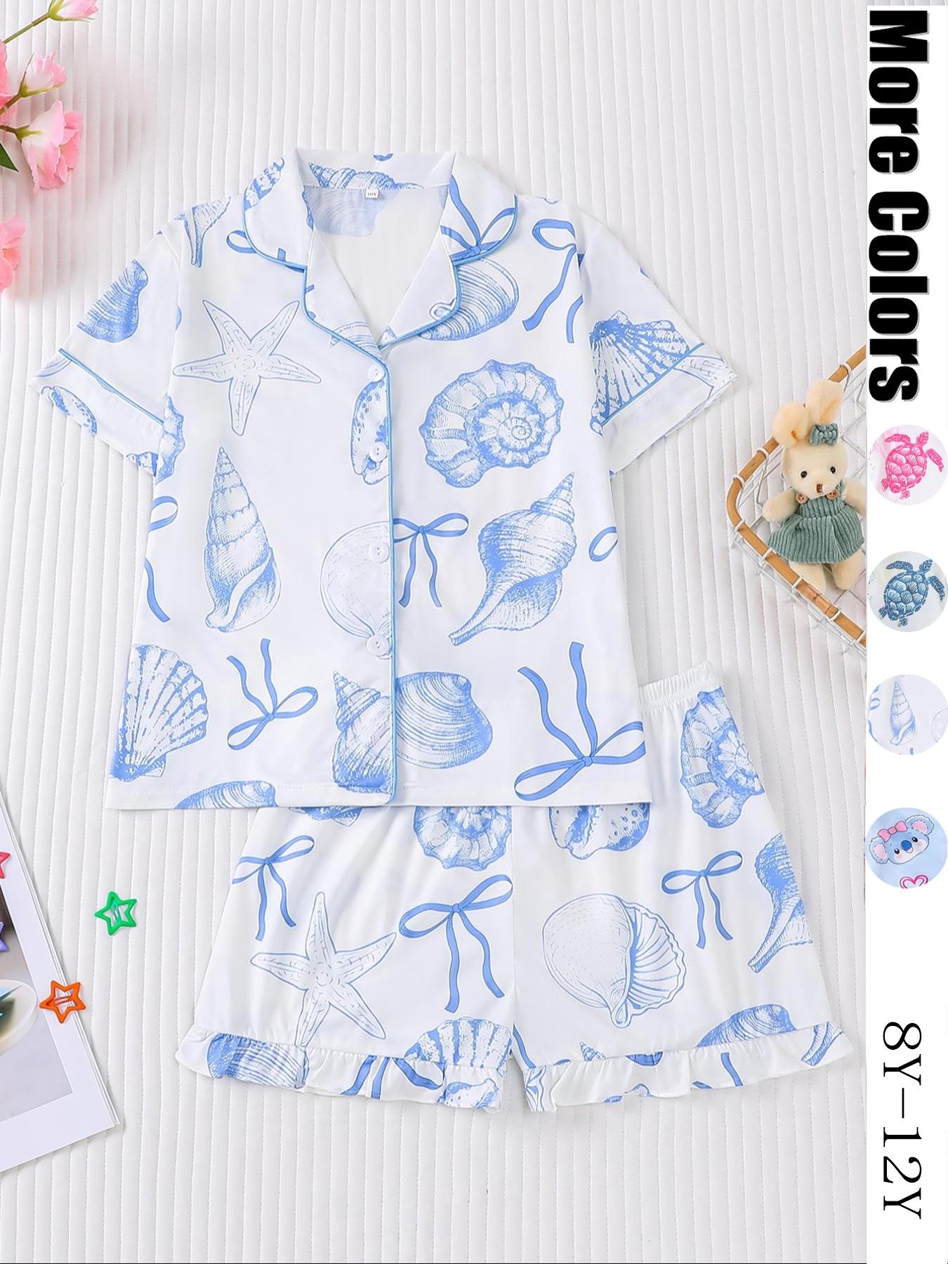 Kids Cartoon Star Turtle Print Pajama Two-piece Set, Cute Comfy Short Sleeve Lapel Neck Pj Set, Kids Sleepwear for All Seasons, Sleepwear Pajamas