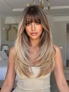 22 Inch Straight Hair Wig with Bangs, Heat Resistant Synthetic Fiber, Fashionable Natural Look, Stylist Friendly Wig, Medium Length, Curly Design, Synthetic Material Wigs, Premium Synthetic Wigs, Synthetic Machine Wigs, Hairstyle Wigs