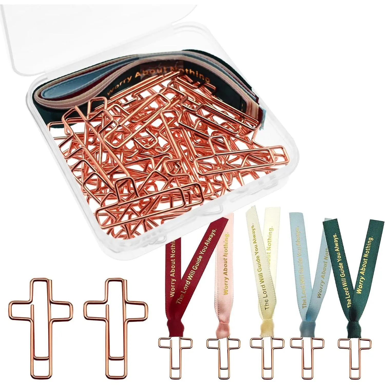 Paper Clips with Ribbons Set.  Study Supplies Accessories | 40 Pack include 30 Rose  Paperclips, 10 Christian Ribbons.  Stuff Journaling Accessories Religious Gifts