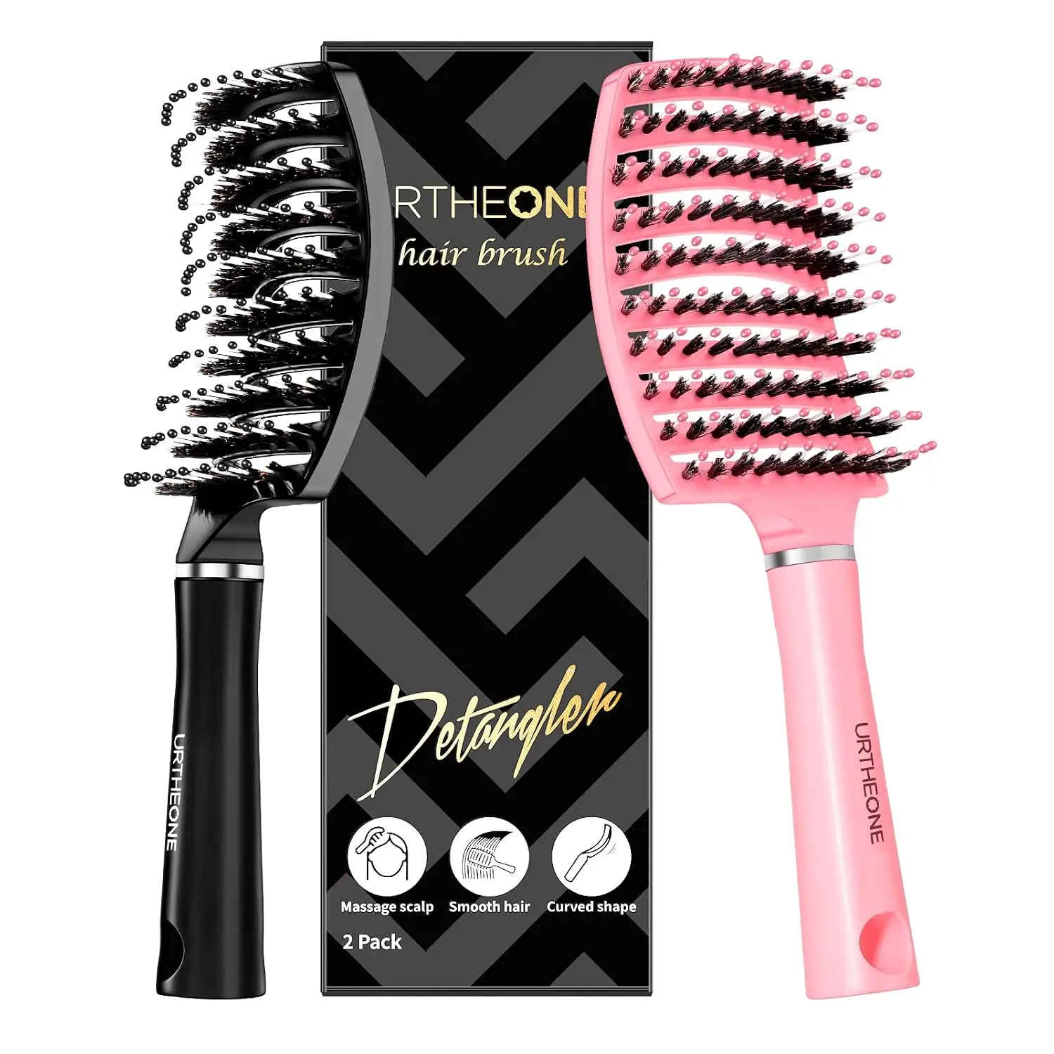 Hair Brush,Detangling Hairbrush Boar Bristle Curved Vented Hair Brush for Women Men Kids Curly Thick Long Short Wet or Dry Hair, Faster Blow Drying(2Pack Pink) : Beauty & Personal Care