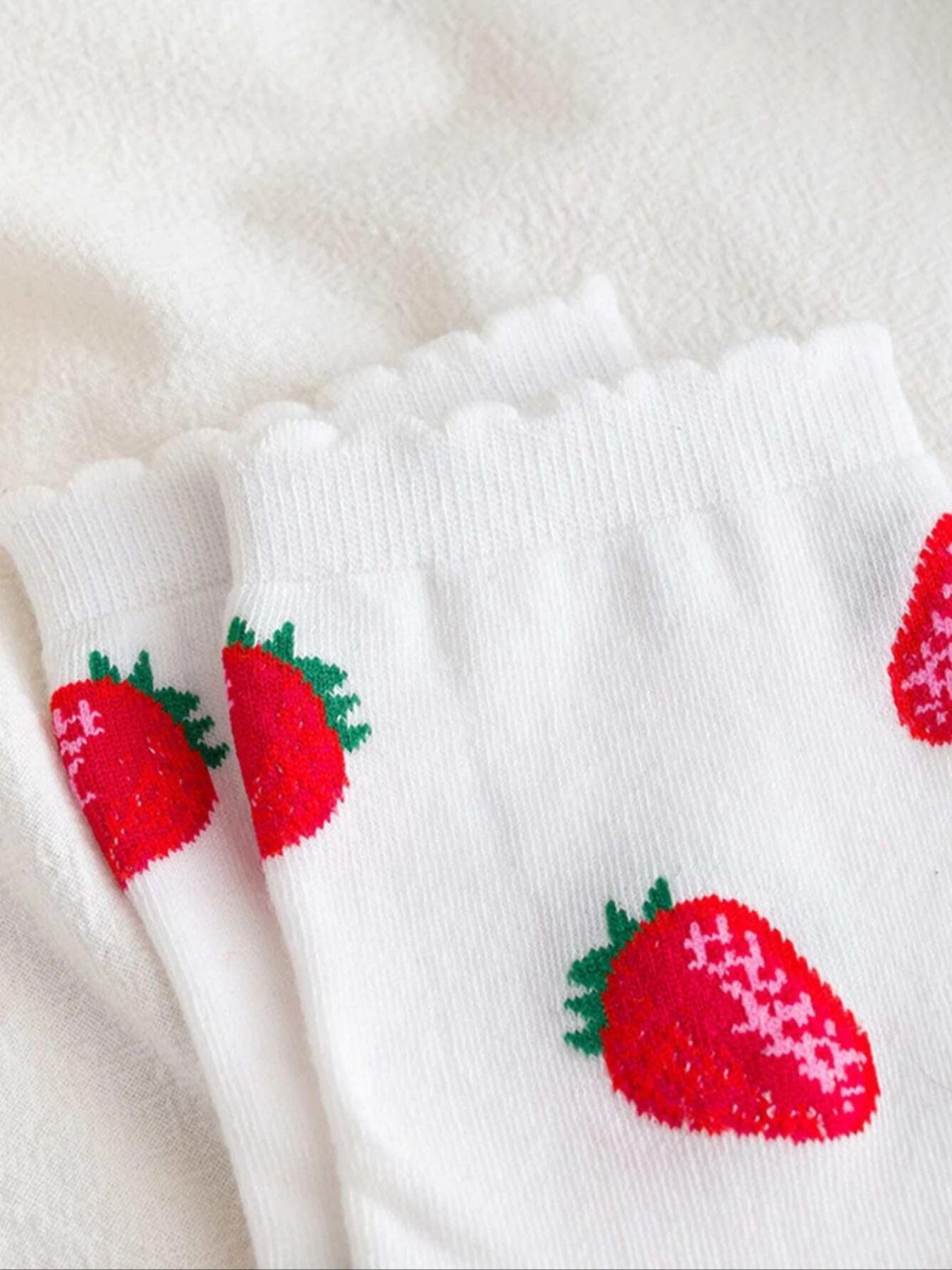 Women's 2 Pairs Strawberry Print Jacquard Crew Socks, Fall Wear, Fallfreshness Casual Moisture Wicking Socks, Soft Comfy Breathable Socks For All Seasons Daily Wear, Womenswear, Sock Set