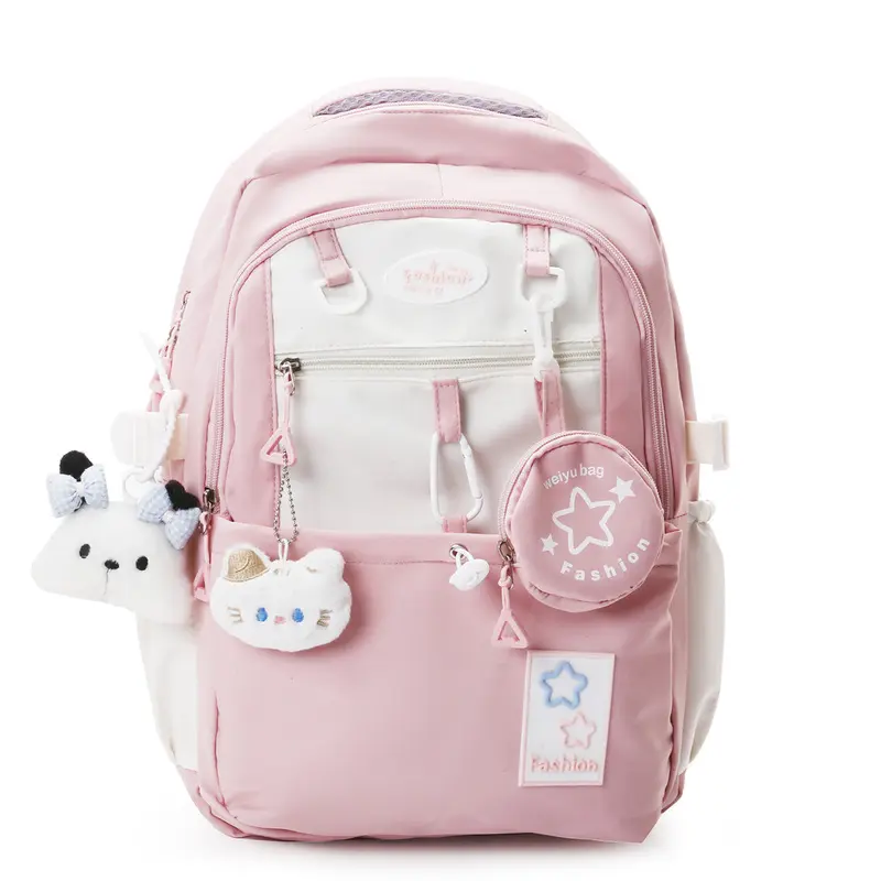 Cute Color Block Backpack, Korean Aesthetic Lightweight Nylon Casual Daypack with Coin Purse Charm, Fresh Style Outdoor Sports Travel Shoulder Backpack for Women & Adults