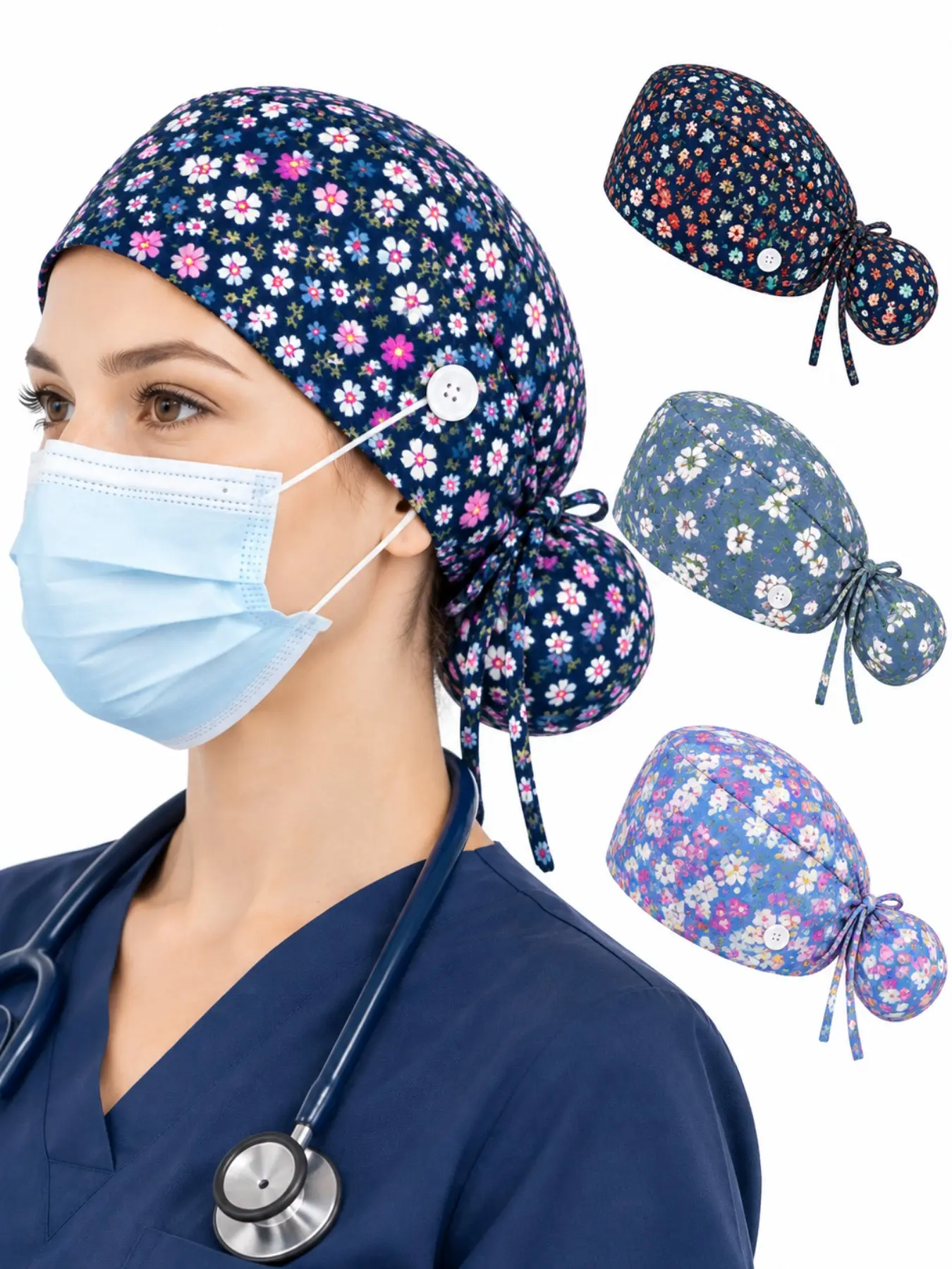 Women's Printed Surgical Hat, Adjustable Tie Medical Cap with Button, Full Hair Coverage, Suitable for Doctors, Dentists, Healthcare Workers