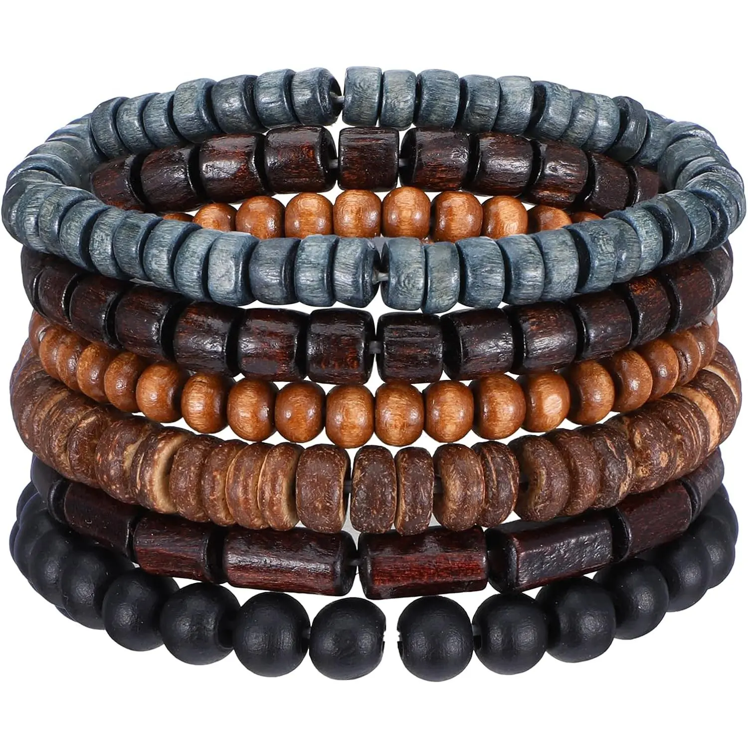 6 Pack Men Bracelets, Beaded Bracelets for Men Adjustable Wooden  Beaded Bracelet Sets for  Christmas  Easter Cuff Wrap Baptism Multilayer Grunge Sets for Women
