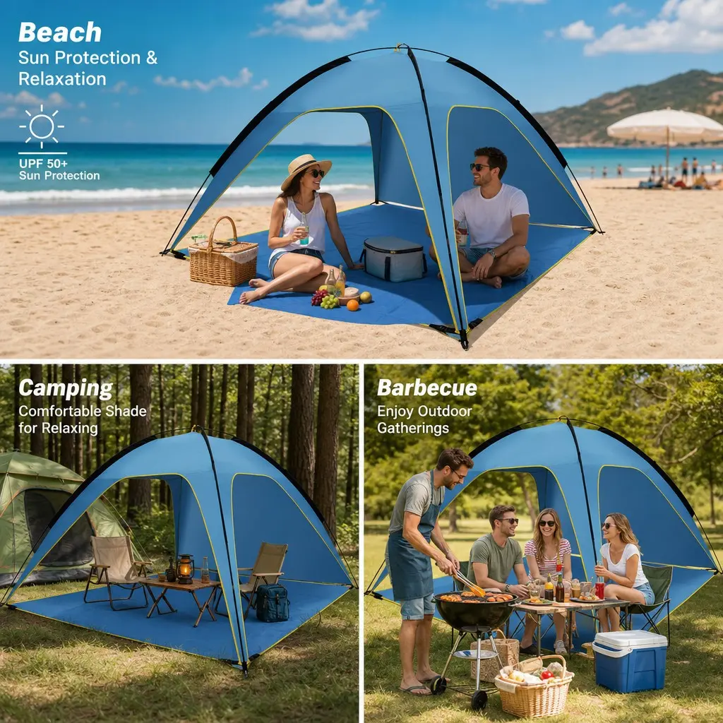 Beach Tent Waterproof UV Protection, Silver Color Sun Shade Shelter, Ideal for Camping, Picnic, BBQ, Backyard, Outdoor Use